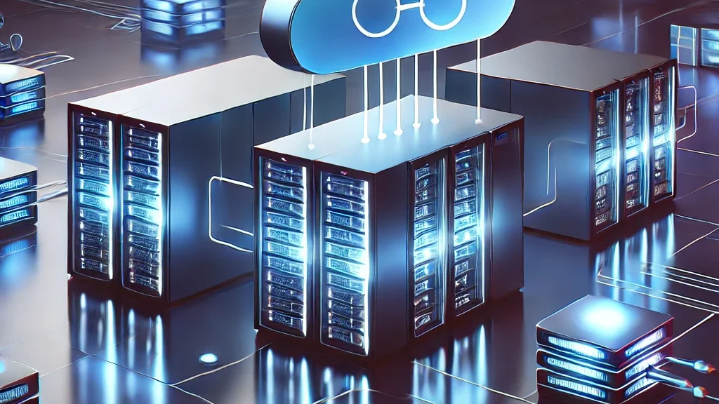 AI generated image of a data center being deployed by a cloud like logo.